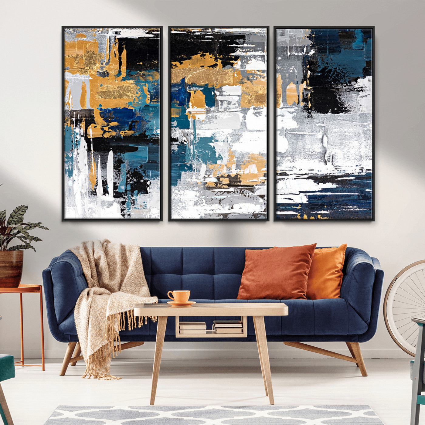 57708-MGV-CV-36X24-Blue and Gold Abstract Canvas Wall Art – Triptych Modern Painting for Living Room – Framed and Ready to Hang