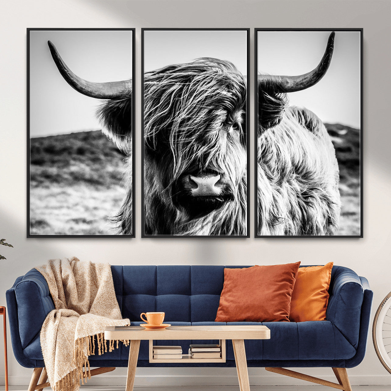 36979-MGV-CV-36X24 - Handsome Scottish Cow Black and White Wall Decor Canvas Art Print Extra Large Wall Art Highland Cattle Canvas Picture Animal Art Nature Photography High Quality Original Canvas Framed Ready to Hang