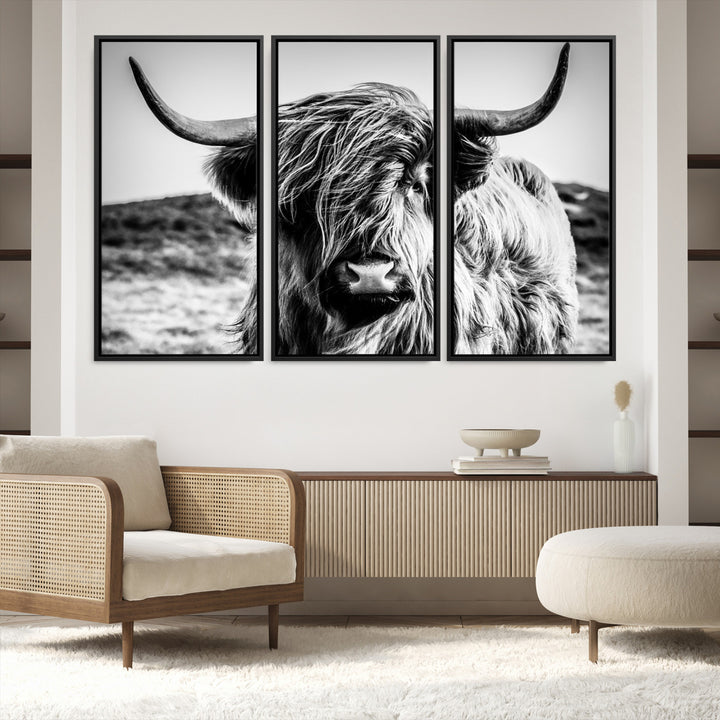 Highland Cow Wall Art | 3-Panel Black and White Highland Cow Canvas Print for Western Farmhouse Decor