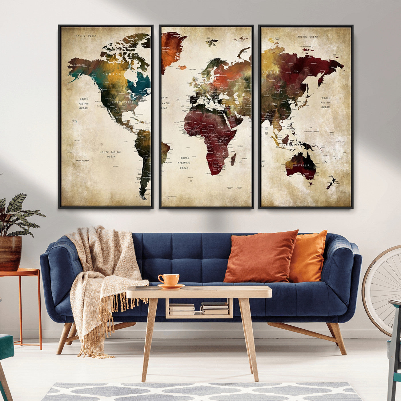 MGV-FC-48X32-3P - Large World Map Wall Art Canvas Print, Framed Push Pin Map Art Picture Print, Abstract Traveller Map Perfect Modern Decor Artwork