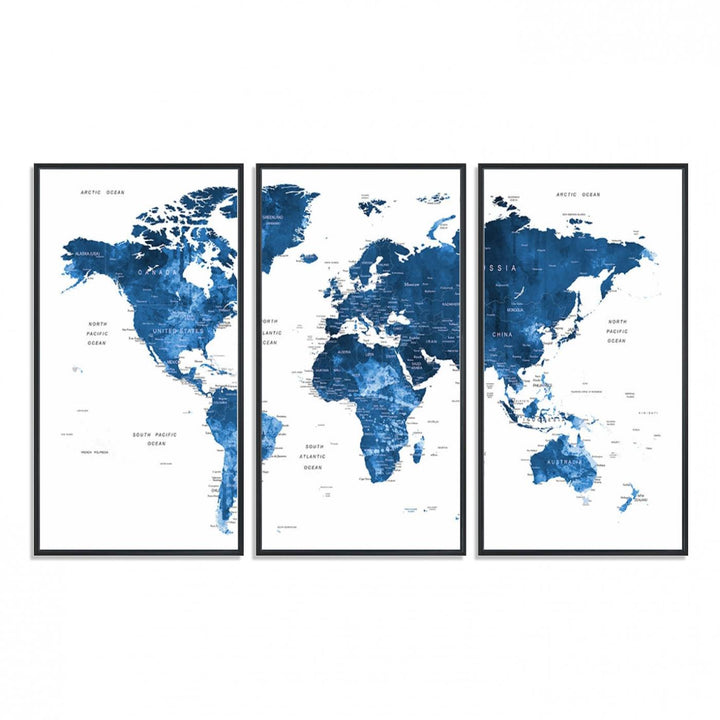 Navy Blue Wall Art World Map Canvas Print, an ideal piece for anyone seeking unique home or office decor.