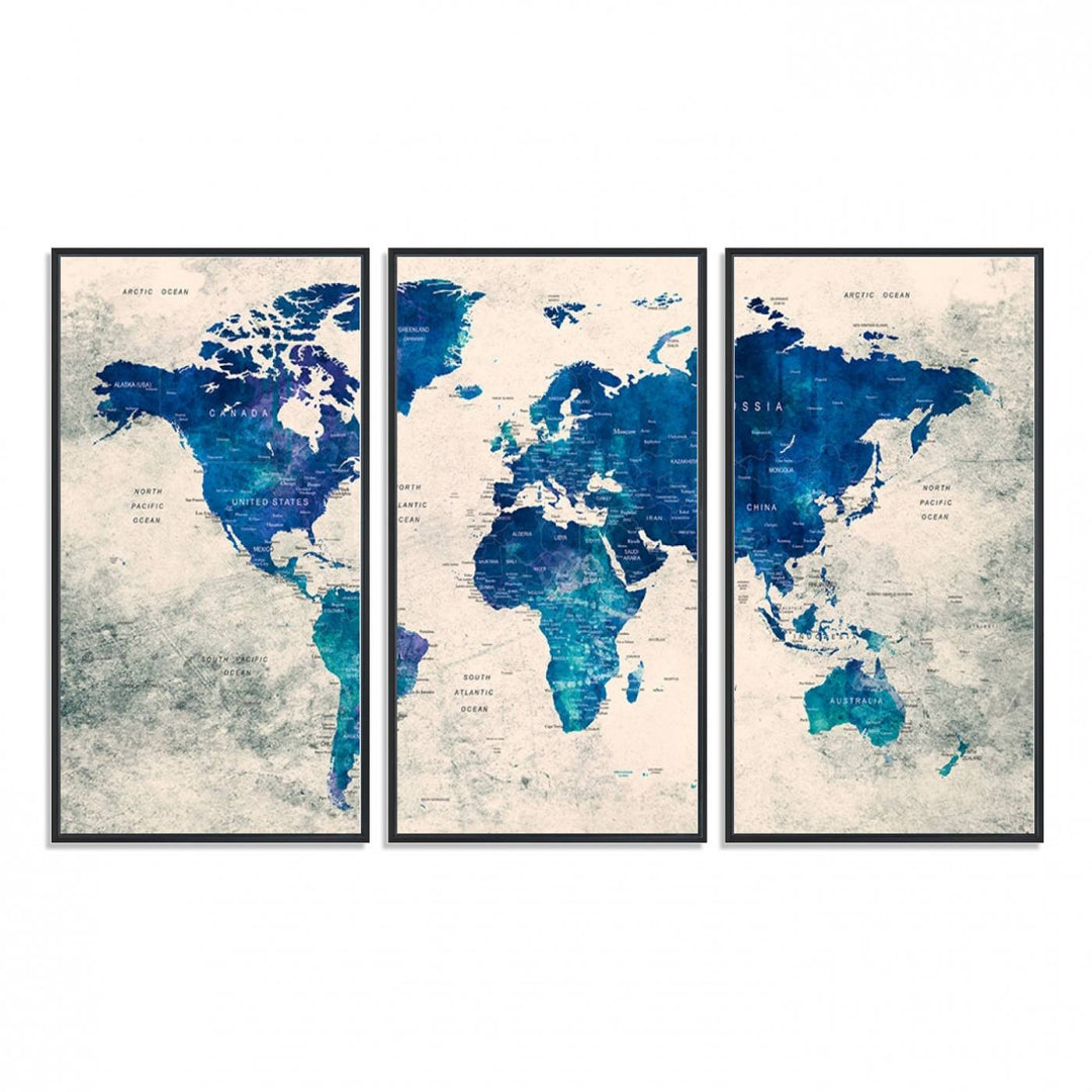 Navy Blue Push Pin World Map Canvas Print featuring a grunge-stained background, with labeled countries and oceans.