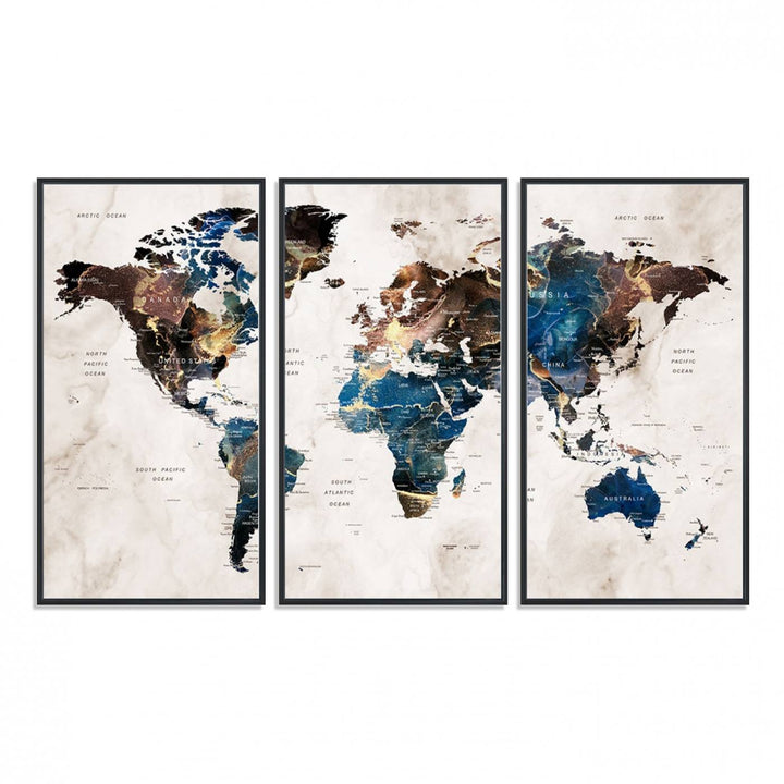 Abstract earth-toned 3-panel world map wall art featuring blues and browns, ready to hang; it showcases continents on modern canvas.