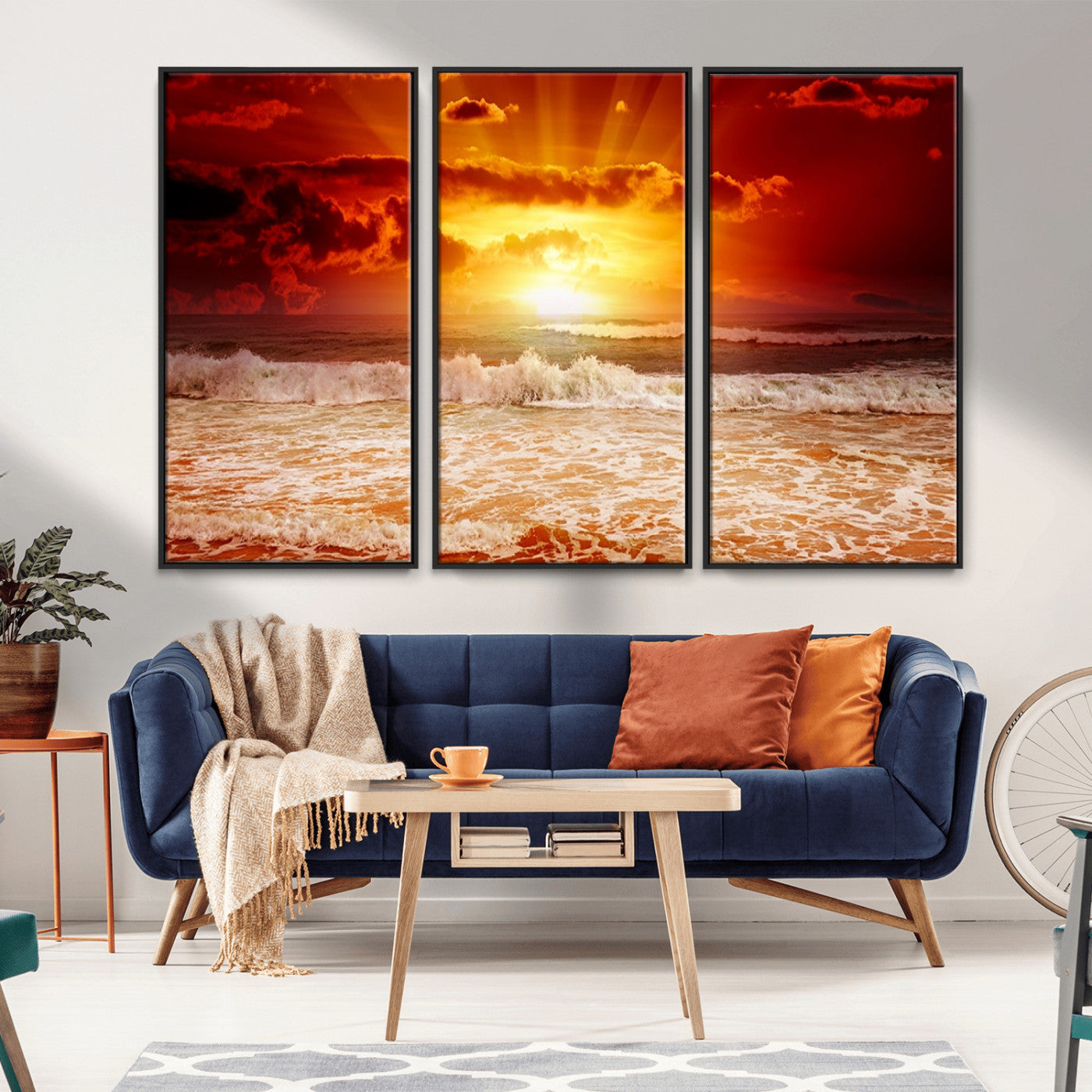 MGV-FC-48X32-3P - Red Sunset Ocean Beach Canvas Wall Art Beach Canvas, Coastal Sunset Print