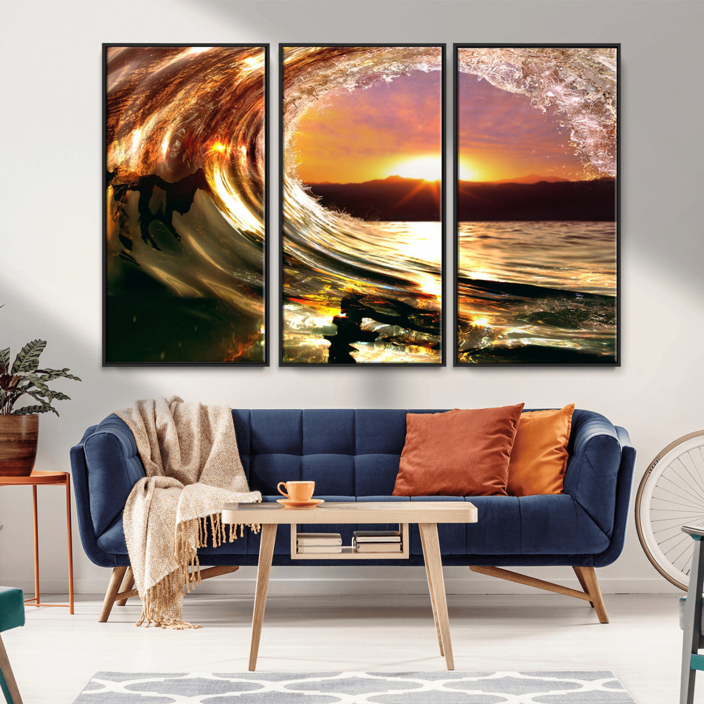 MGV-FC-48X32-3P - Golden Wave Sunset Triptych Canvas Art, Giclee Canvas Print of Ocean Wave and Sunset, Framed Ocean