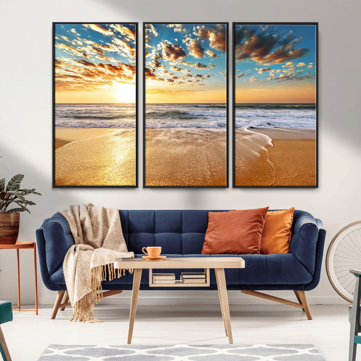 MGV-FC-48X32-3P - Golden Sunset Beach Print Canvas Wall Art, Giclee Canvas Print with Canon Print Quality, Triptych