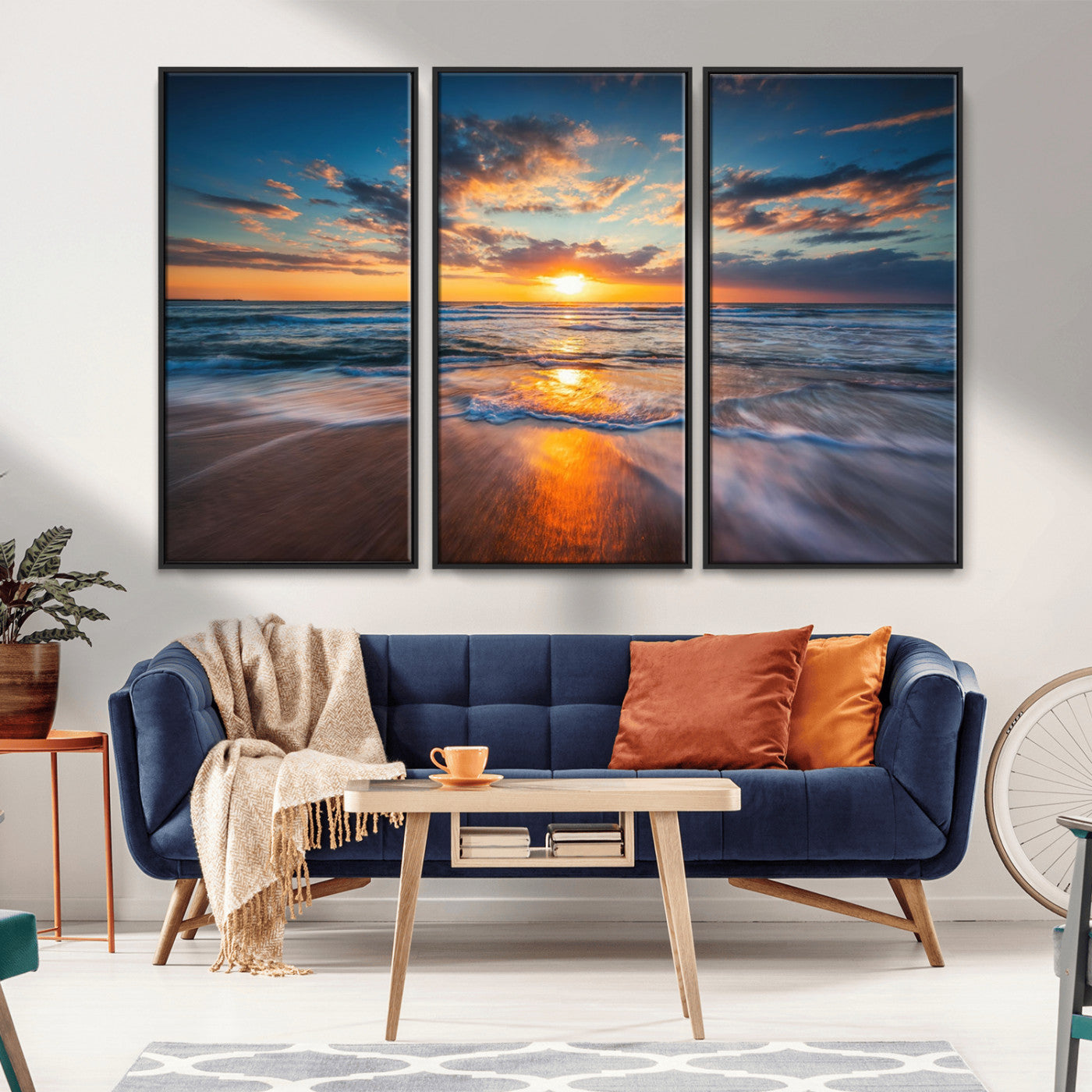 MGV-FC-48X32-3P - Sunset on the Ocean Beach with Waves, Reflections on Sand, Coastal Wall Art Print, Beach Wall Art,