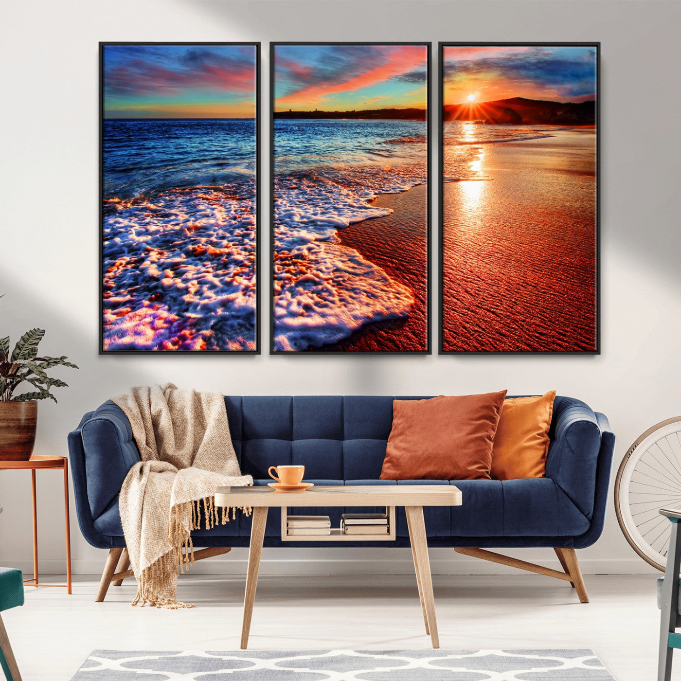 MGV-FC-48X32-3P - Colorful Coastal Sunset on the Beach Canvas Print, Ocean Waves Crashing at Dusk, Multi-Panel Seascape Vibrant Coastal Wall Art Canvas Print