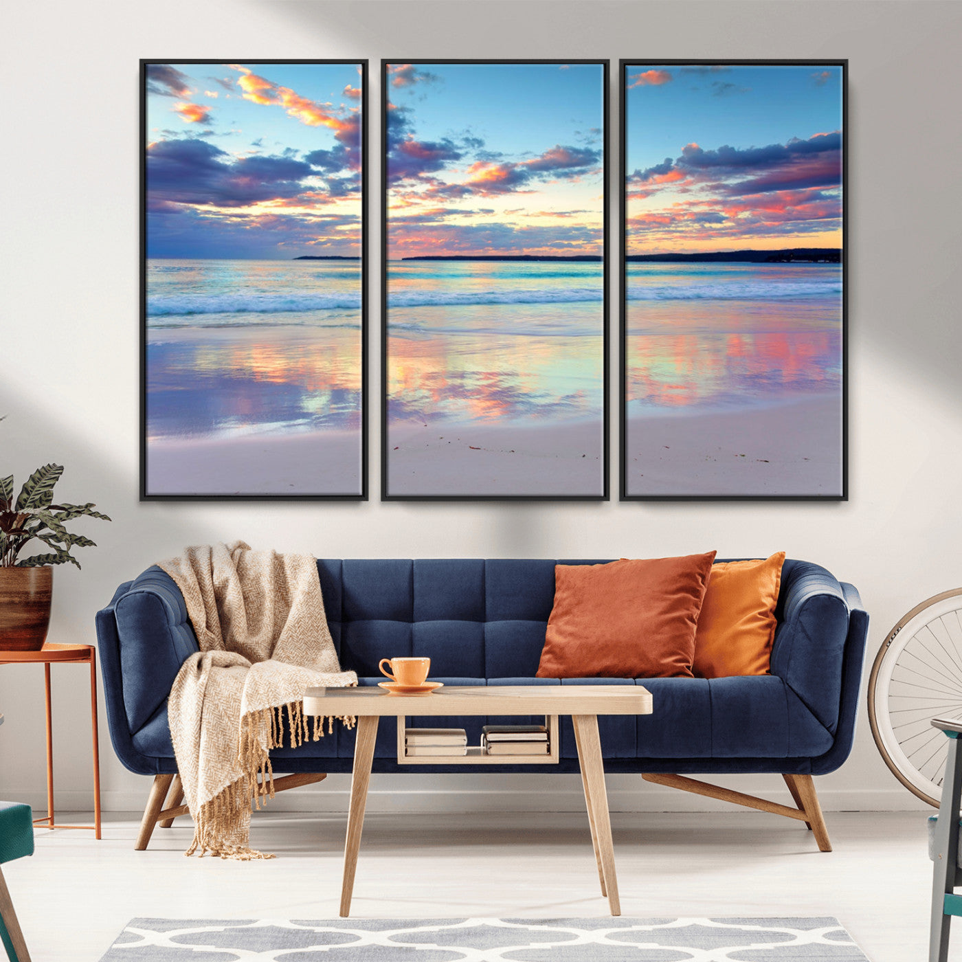 MGV-FC-48X32-3P - Tranquil Pastel Sunset Beach Triptych Canvas Art, Soothing Coastal Ocean Shoreline Giclee Print, Beach Reflections Wall Decor for Serene Spaces