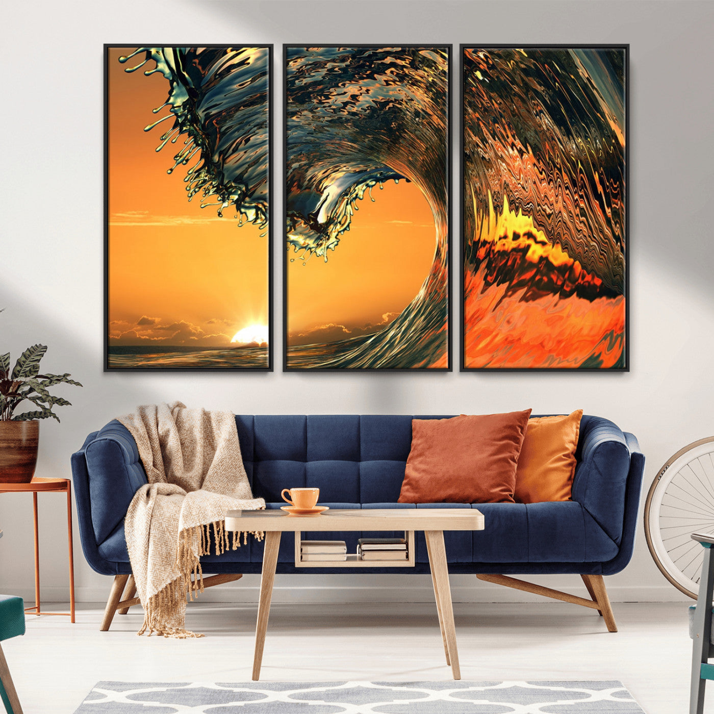 -Surf Wave Sunset Canvas Wall Art Print, 3-Panel Ocean Coastal Wall Art Print, Ocean Decor for