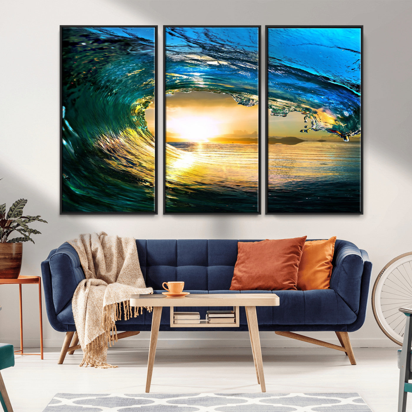 MGV-FC-48X32-3P - Ocean Wave at Sunset Canvas Art, Large Wall Print of Vibrant Water Waves, Coastal Art for Living Room and Dining Room