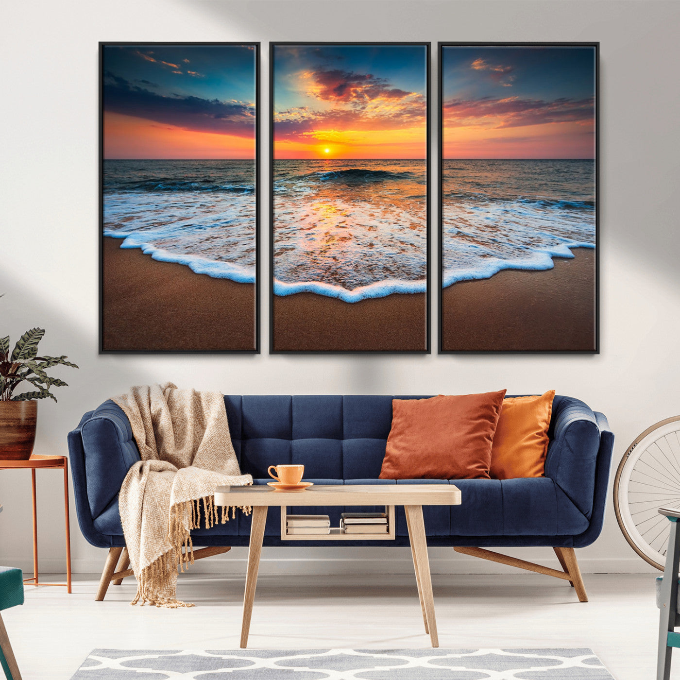 MGV-FC-48X32-3P - Sunset Beach Canvas Wall Art – Colorful Ocean Waves Triptych – Coastal Decor for Living Room or Bedroom – Framed and Ready to Hang