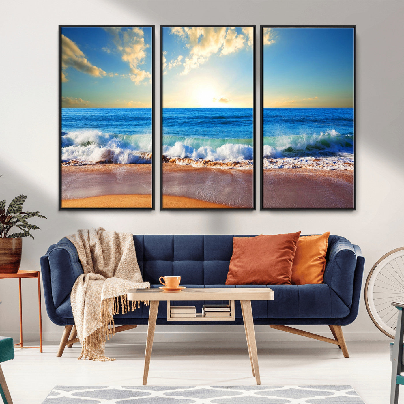 MGV-FC-48X32-3P - Tropical Beach Sunset Canvas Art, Ocean Waves and Sandy Shoreline Wall Art, Large Beach Decor for Coastal Homes