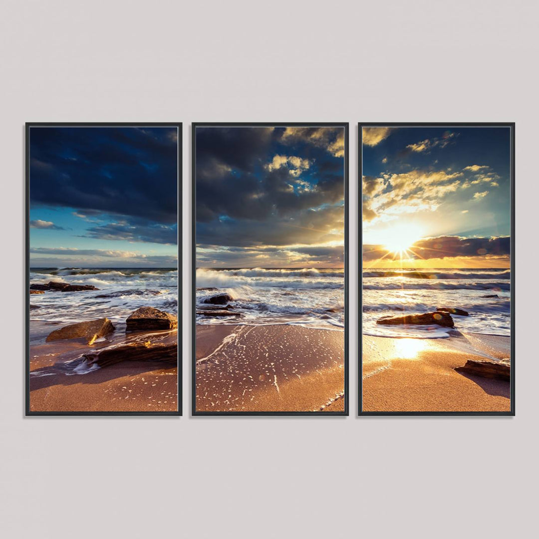 The Golden Hour Beach Sunset triptych adorns the wall with its captivating imagery.