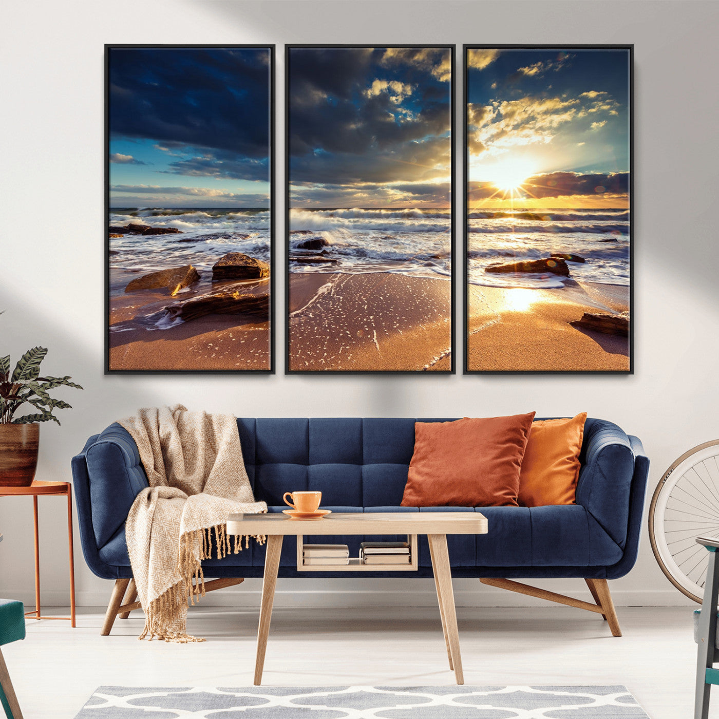 MGV-FC-48X32-3P - Golden Hour Beach Sunset Canvas Triptych, Ocean Waves and Rocks Wall Art for Coastal Home Decor