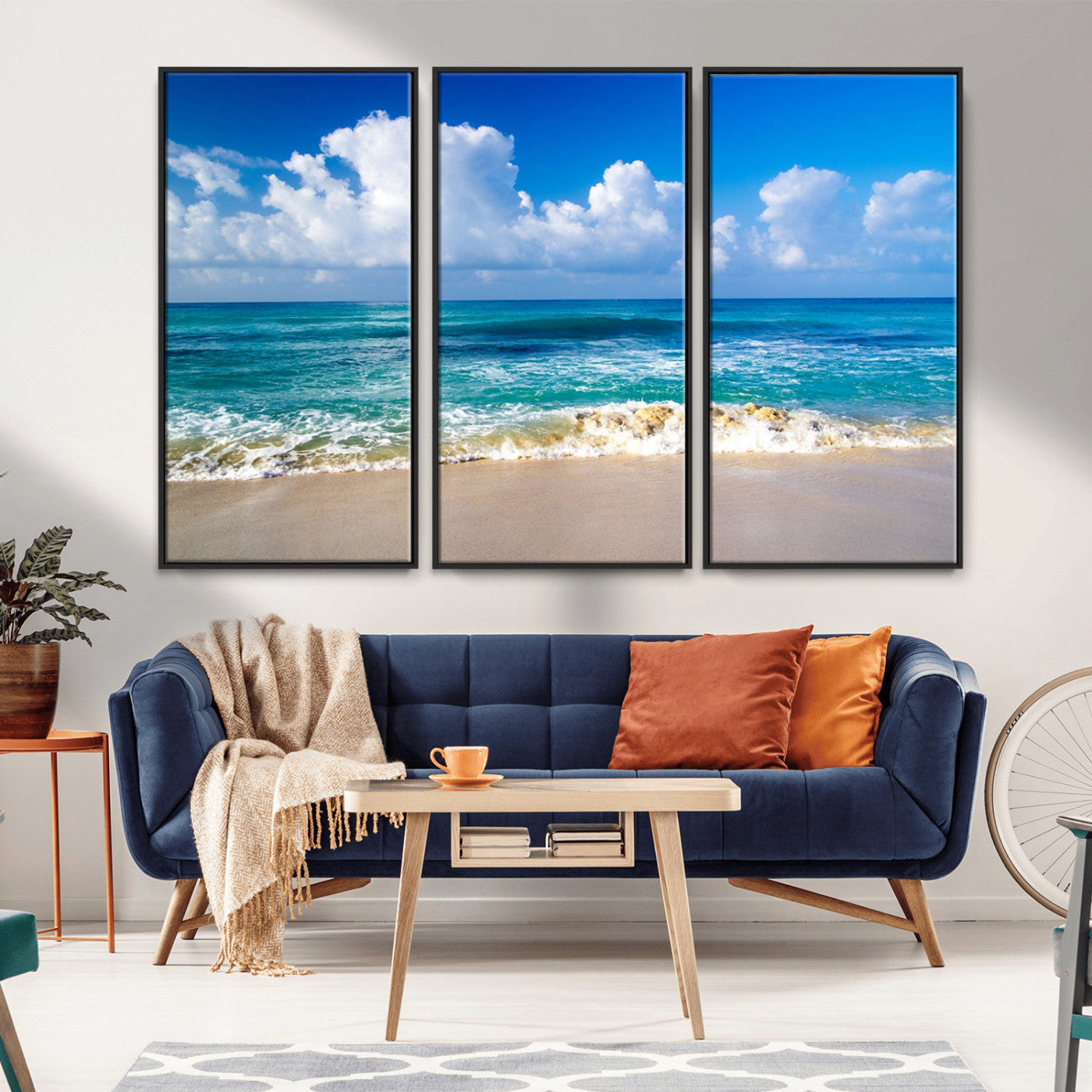 MGV-FC-48X32-3P - Tropical Beach 3-Panel Canvas Wall Art – Serene Ocean Waves and Blue Sky – Giclée Print for Living Room, Office, or Bedroom Coastal Decor