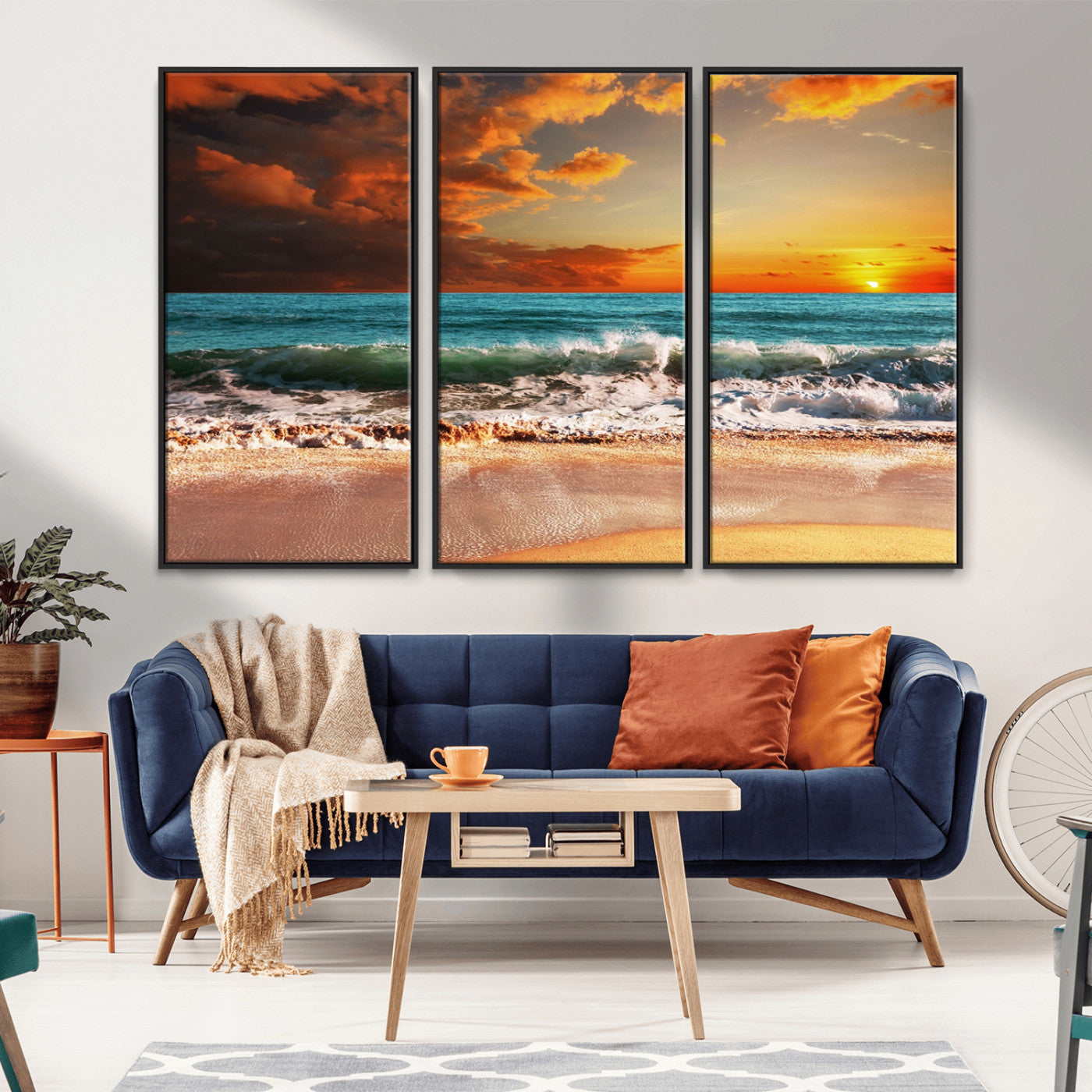 MGV-FC-48X32-3P - Golden Sunset Beach Canvas Wall Art – Triptych Seascape Print – Framed and Ready to Hang for Living Room or Office