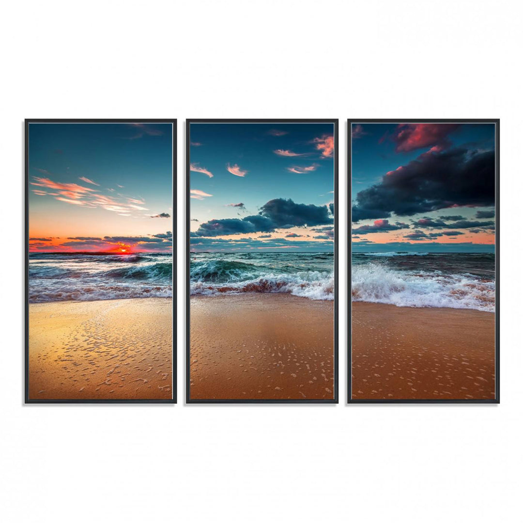 Sunset on Beach Wall Art: Waves under a vibrant sky. Crafted on museum-quality canvas, ready to hang and admire.