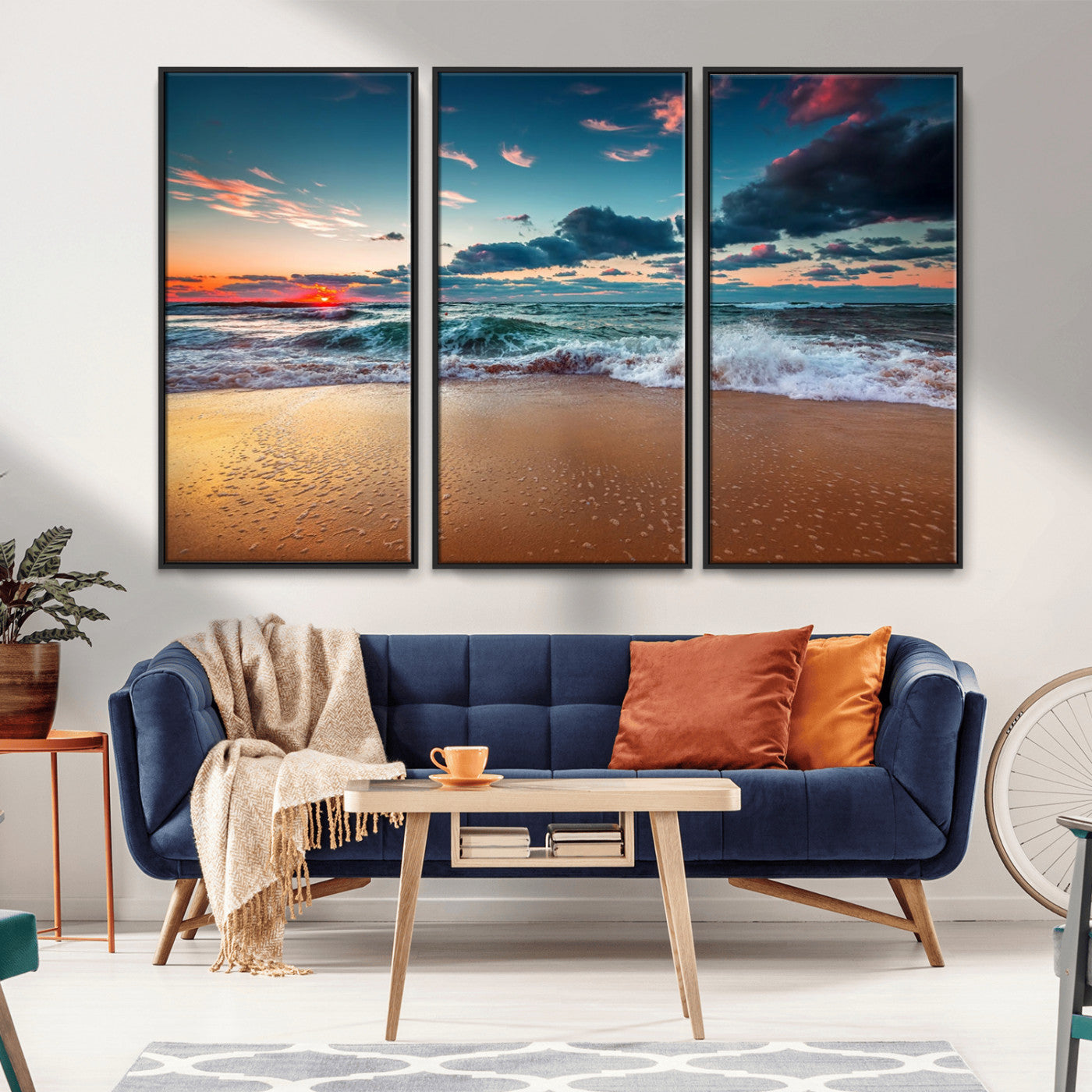 MGV-FC-48X32-3P - Sunset Ocean Beach Wall Art – Giclee Canvas Print, Coastal Seascape, Ready to Hang, Beach Decor, Large 3-Panel Set for Living Room