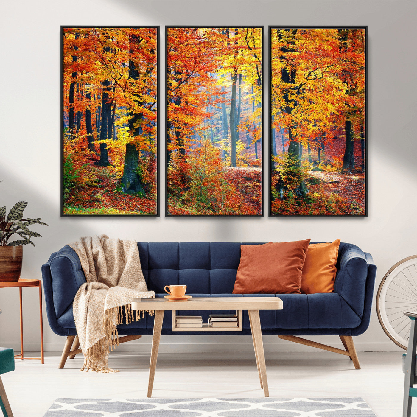 MGV-FC-48X32-3P - Autumn Red Forest Triptych Canvas Wall Art Print, Forest Wall Decor, Fall Landscape Art | Season Nature Landscape for Home or Office