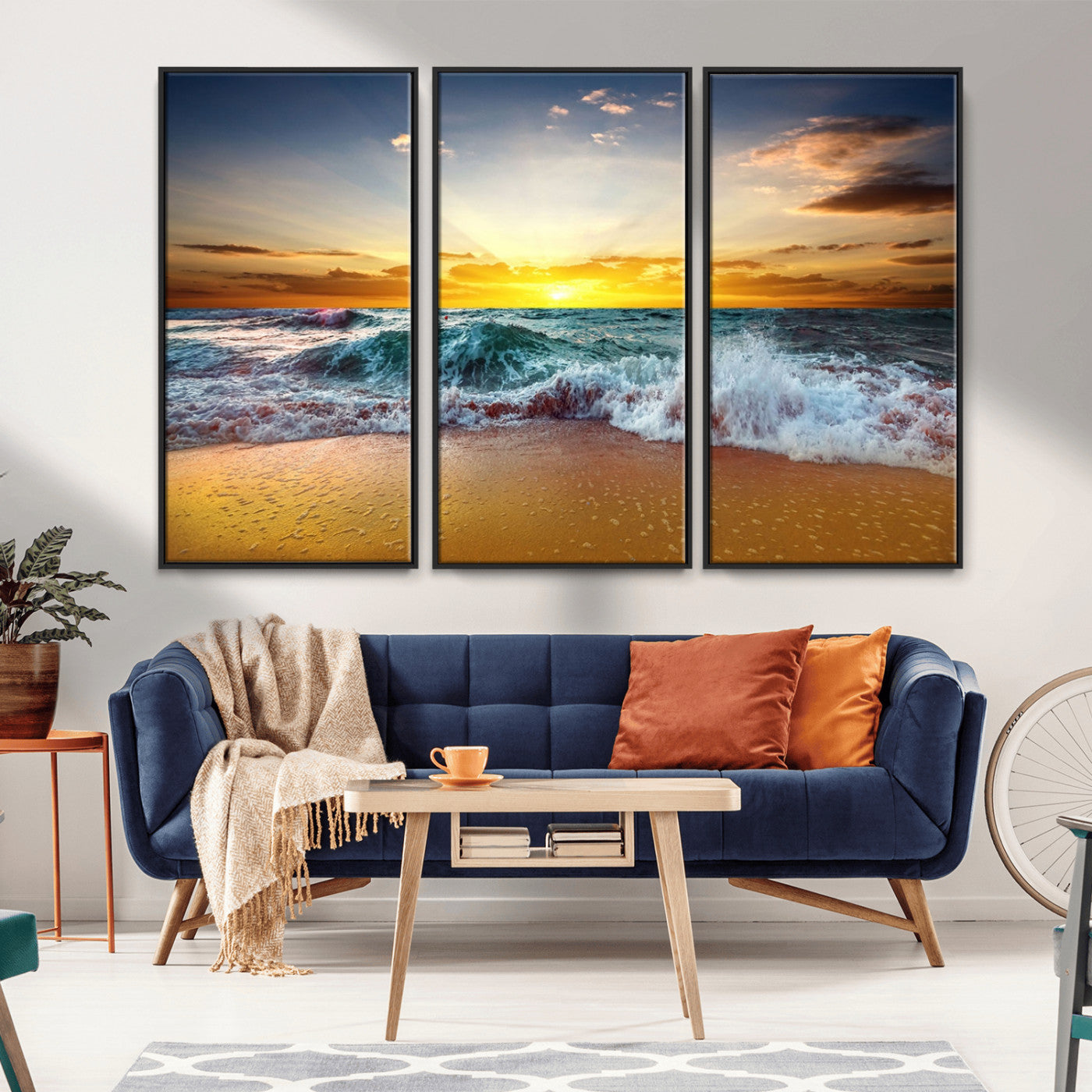 MGV-FC-48X32-3P - Golden Sunset Ocean Waves Wall Art Canvas Print – Multi Panel Beach Canvas Print Set – Large Coastal Triptych Print for Home or Farmhouse Decor
