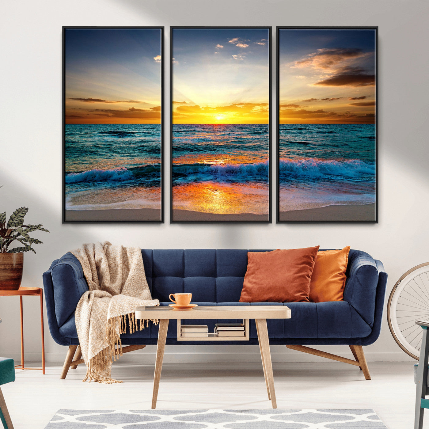 MGV-FC-48X32-3P - Vibrant Ocean Sunrise Over Golden Beach Waves, Giclee Canvas Wall Art Set, High-Quality Stretched Canvas Print, Ready to Hang Coastal Sunset Wall