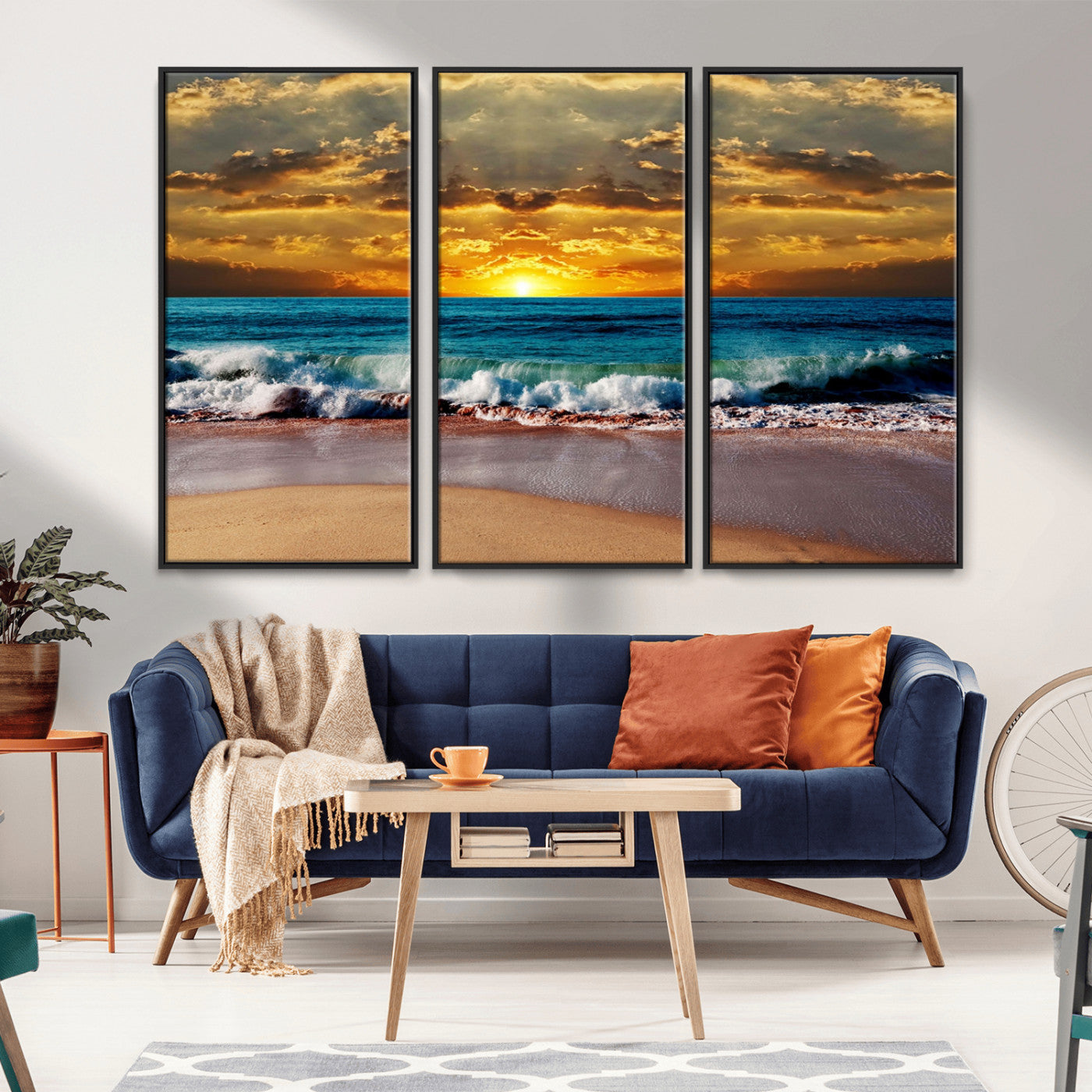 MGV-FC-48X32-3P - Ocean Sunrise Over Golden Beach Waves, Giclee Canvas Wall Art Set, High-Quality Stretched Canvas Print, Ready to Hang Coastal Sunset Wall Decor