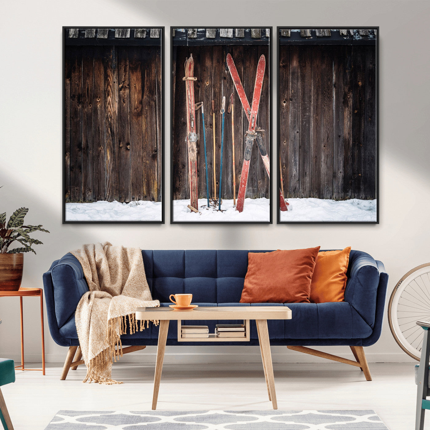 MGV-FC-48X32-3P - Vintage Ski Gear Against Wooden Cabin Wall, Rustic Winter Sports Equipment Canvas Print, Ready to Hang Wall Art, Perfect for Lodge or Ski Cabin Decor