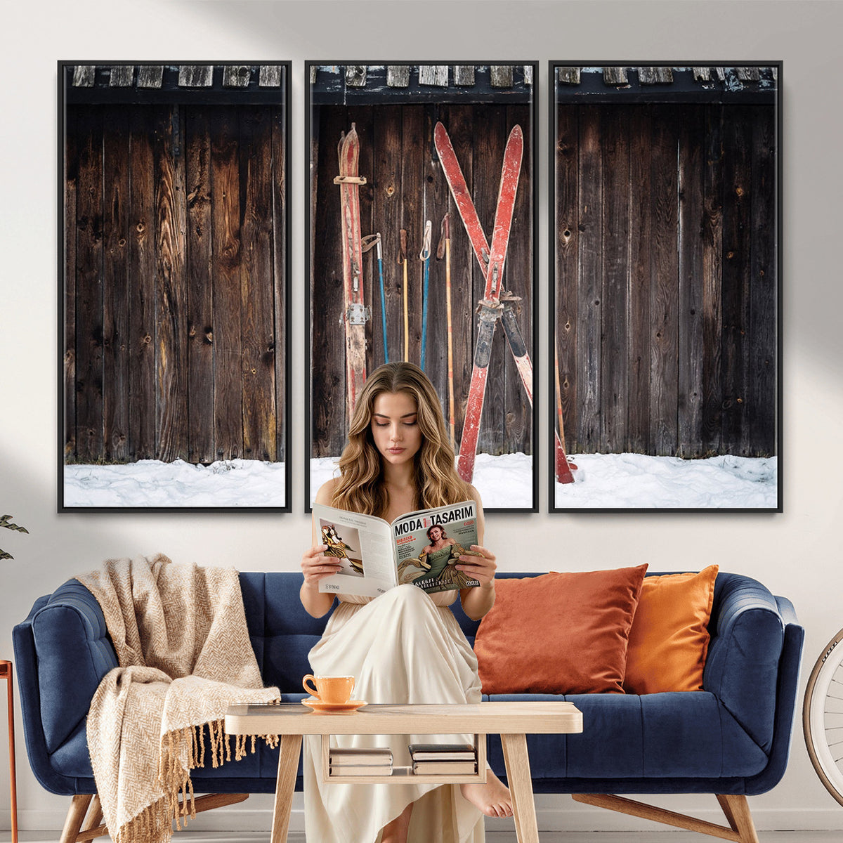 78590-MGV-CV-36X24 - Vintage Ski Gear Canvas Print, Vintage Ski Gear Against Wooden Cabin Wall
