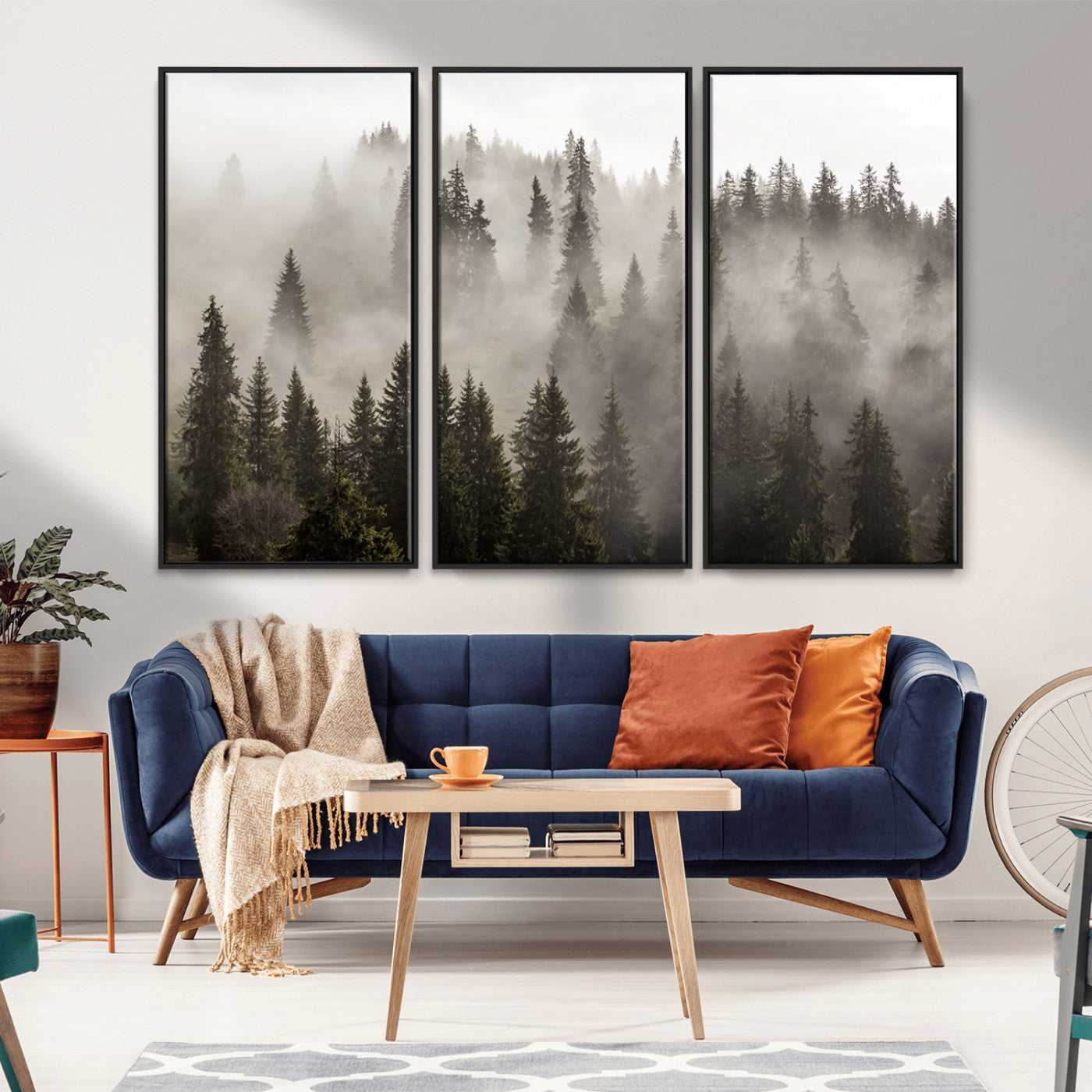 MGV-FC-48X32-3P - Foggy Mountain Wall Art | 3-Panel Foggy Forest and Mountain Landscape | Large Giclee Print for