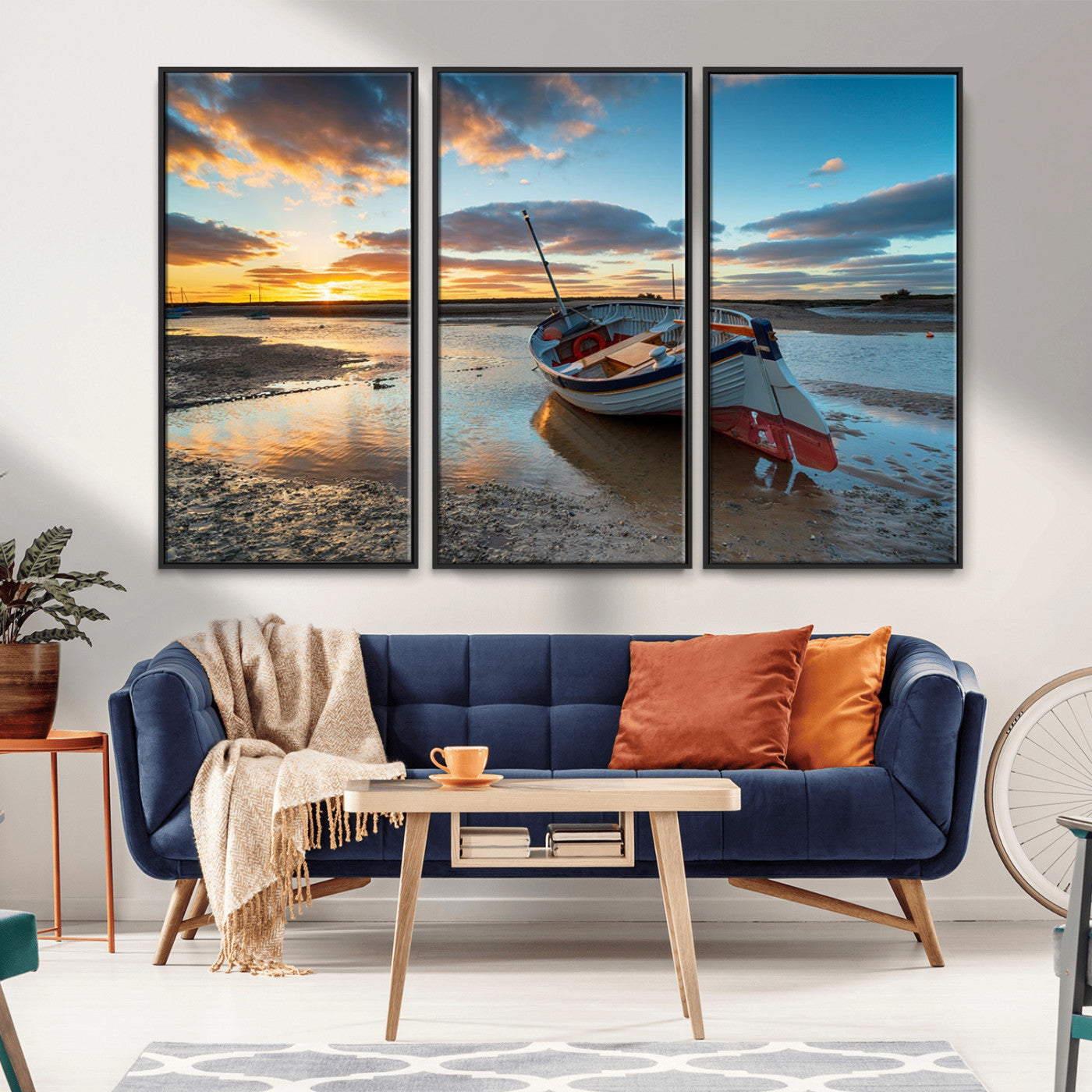 MGV-FC-48X32-3P - Small Boat At The Beach Sunset Wall Art, Boat Sunset Wall Art Canvas Print