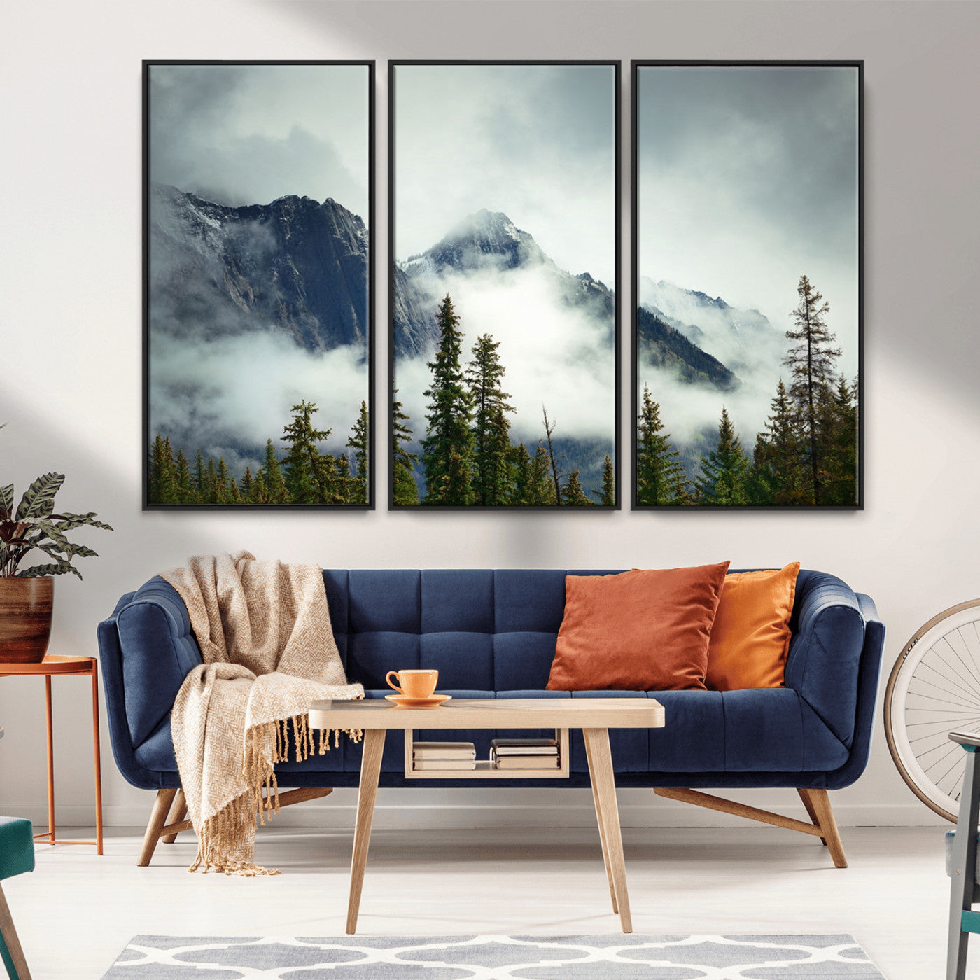 MGV-FC-48X32-3P - Mountain Mist Canvas Wall Art | 3-Panel Foggy Forest and Mountain Landscape | Large Giclee Print for Living Room, Office, or Cabin, Farmhouse Decor