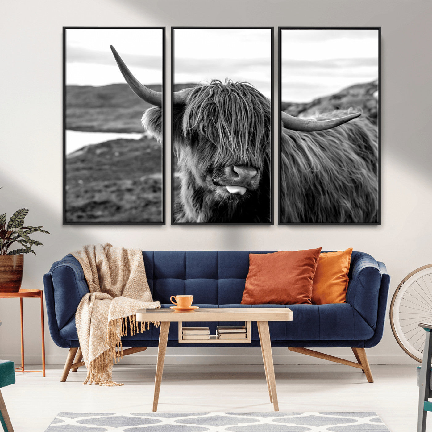 MGV-FC-48X32-3P - Highland Cow Canvas Wall Art – Black and White Animal Portrait – Framed and Ready to Hang Rustic Farmhouse Decor for Living Room or Office