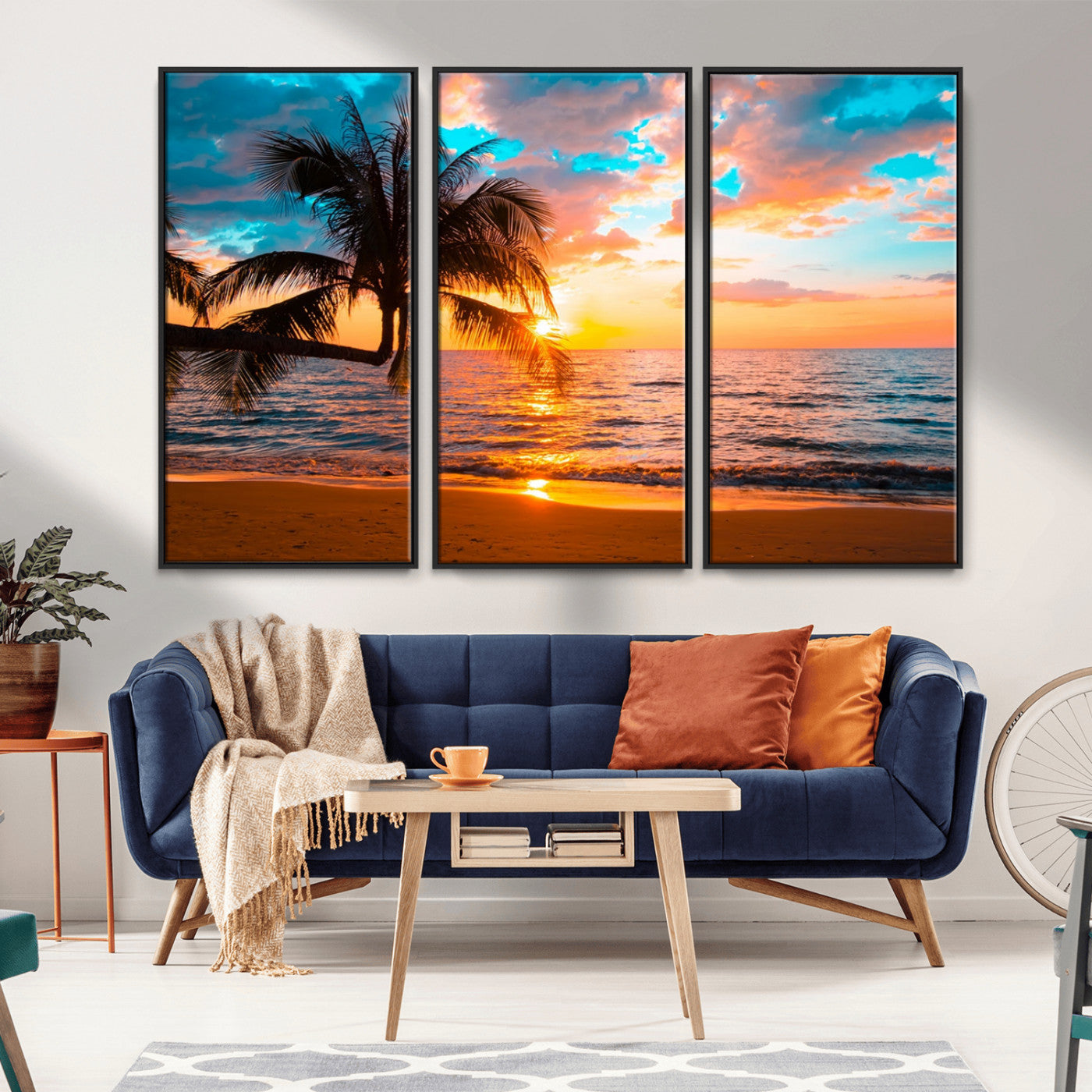 -Palm Tree Sunset On The Beach Wall Art Canvas, Framed Palm Tree Sunset Canvas Print