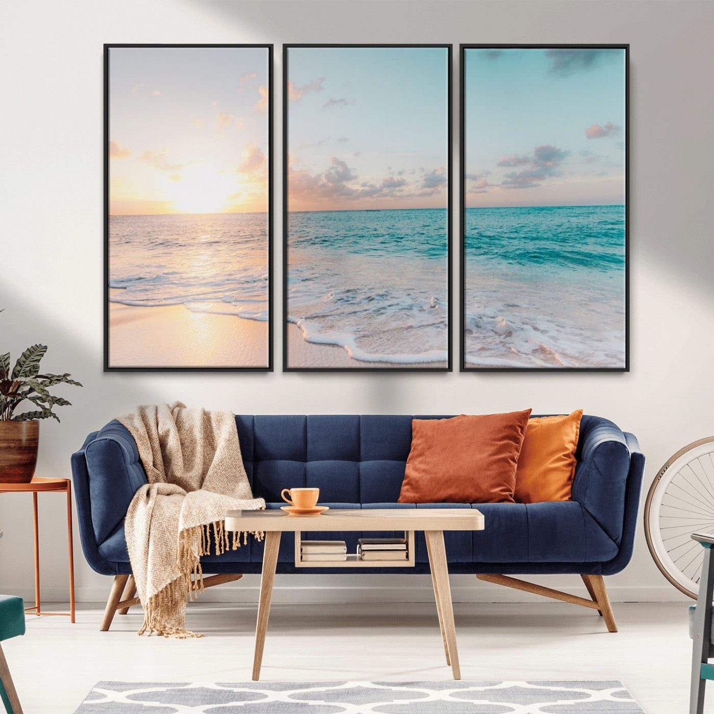 MGV-FC-48X32-3P - Tranquil Ocean Beach Sunset Canvas Wall Art | 3-Panel Coastal Decor