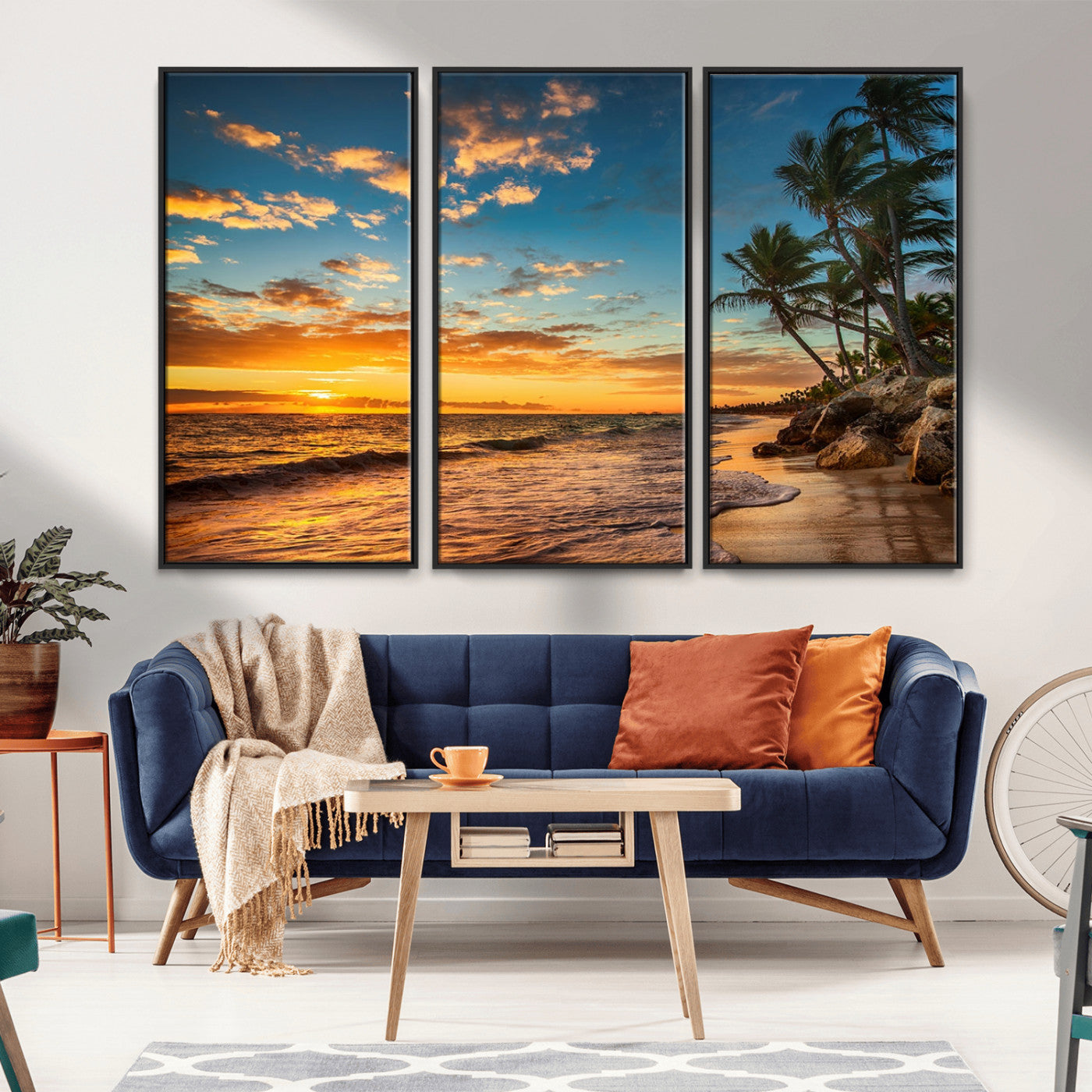 MGV-FC-48X32-3P - Tropical Beach Sunset Wall Art Print – Palm Tree Coastal Canvas Print – Ocean Seascape Artwork – Perfect for Tropical Modern Home Decor