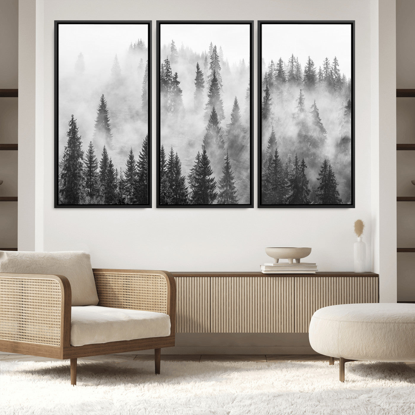 10422-MGV-FC-60X40-3P_Black-Forest Wall Art Print | Foggy Pine Forest Canvas Wall Art - Black and White Nature Decor for Living Room