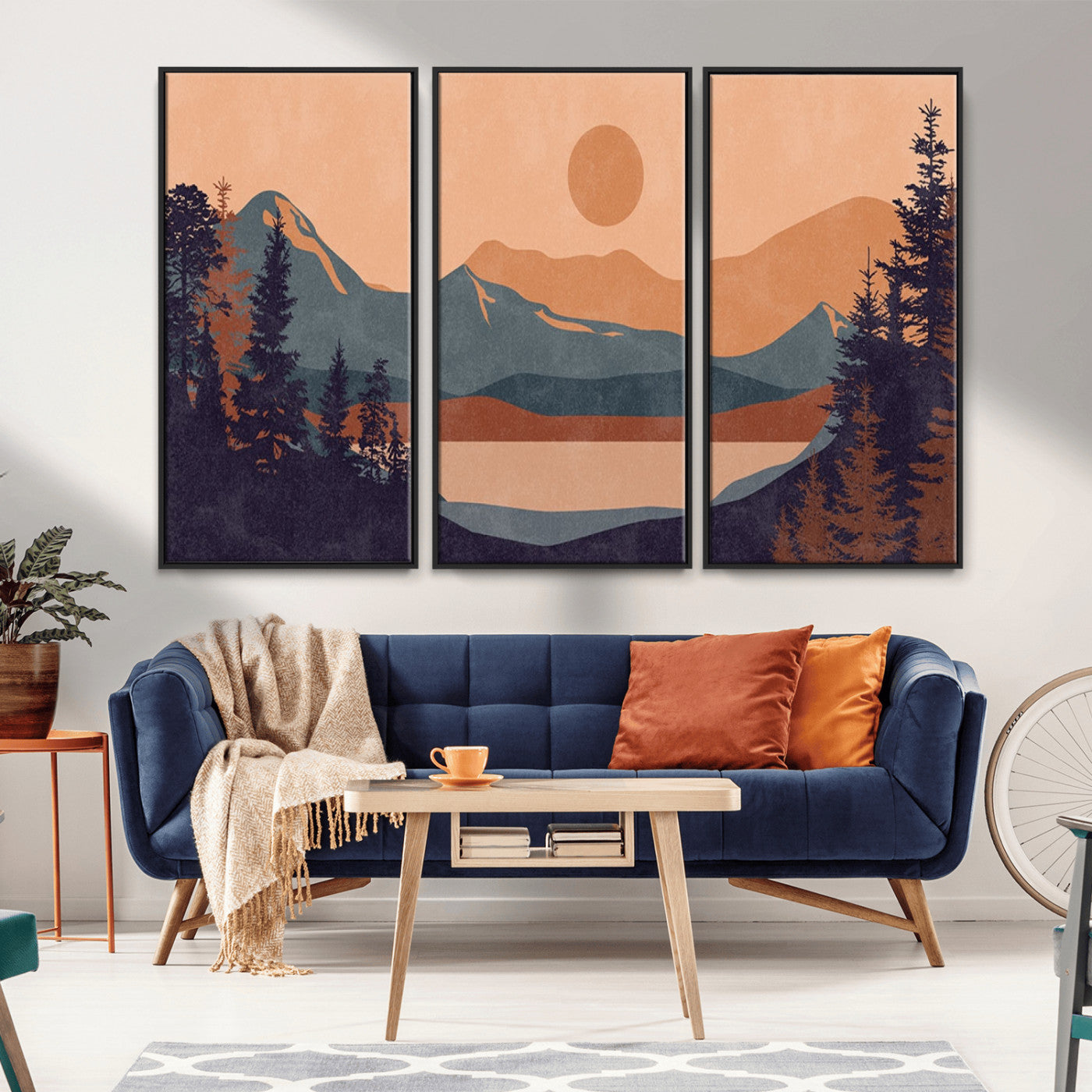 MGV-FC-48X32-3P - Modern Boho Sunset Canvas Print, Mountain Landscape Triptych – Giclée Canvas Art Print for Living