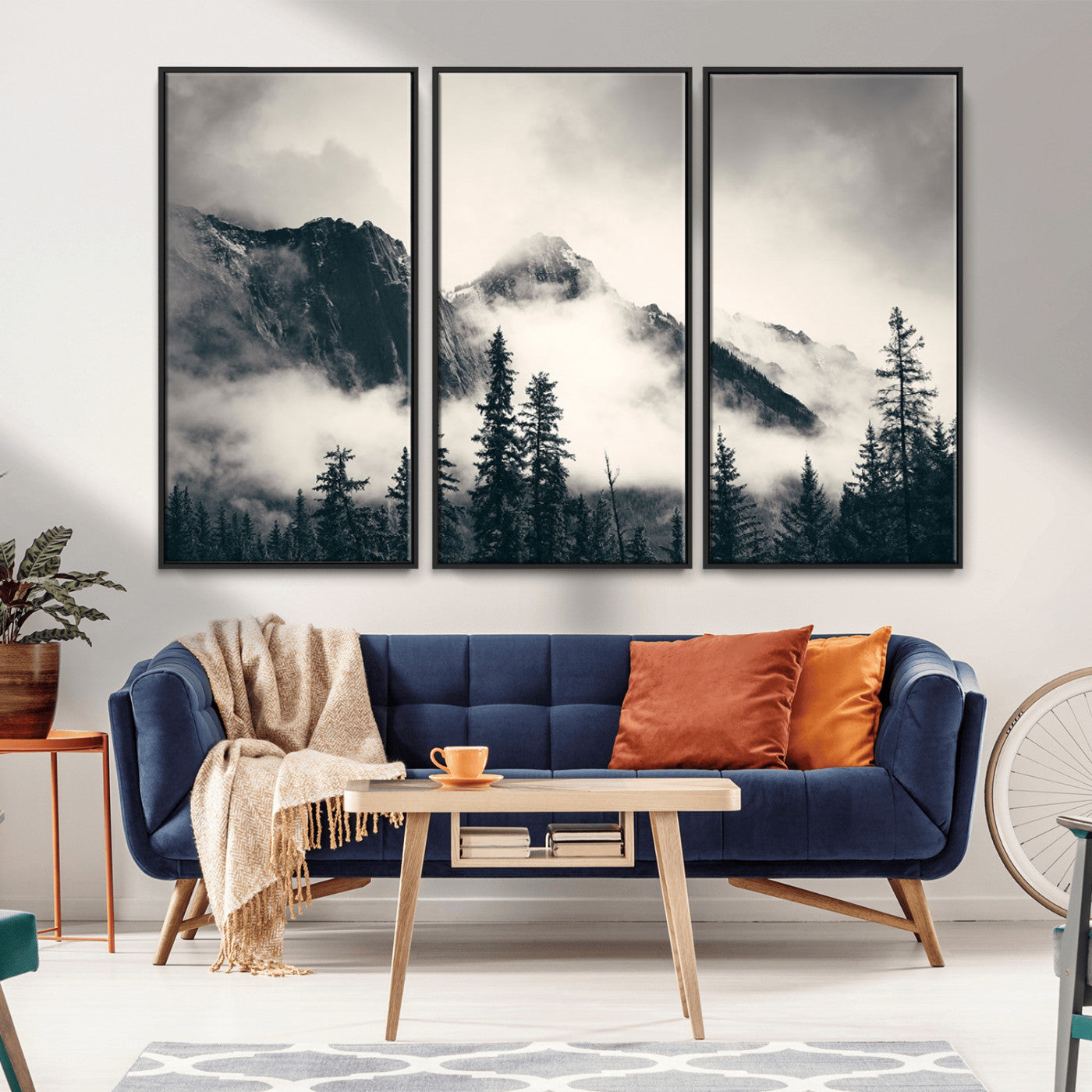 MGV-FC-48X32-3P - Large Foggy Mountain Forest Wall Art Canvas Print | Misty Mountain Peaks and Pine Trees Print | Framed Gallery Wrap | Rustic Nature Farmhouse Decor