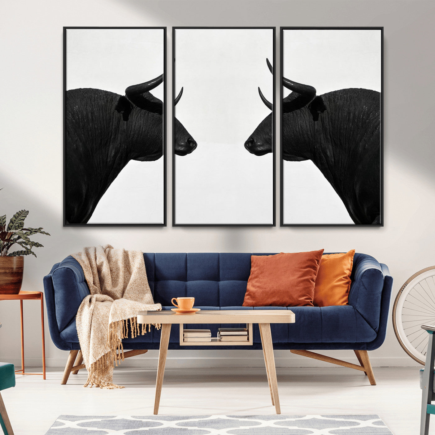 -Spanish Bull Art - Framed Black and White Bull Canvas Print for Modern Rustic Home or Office Decor