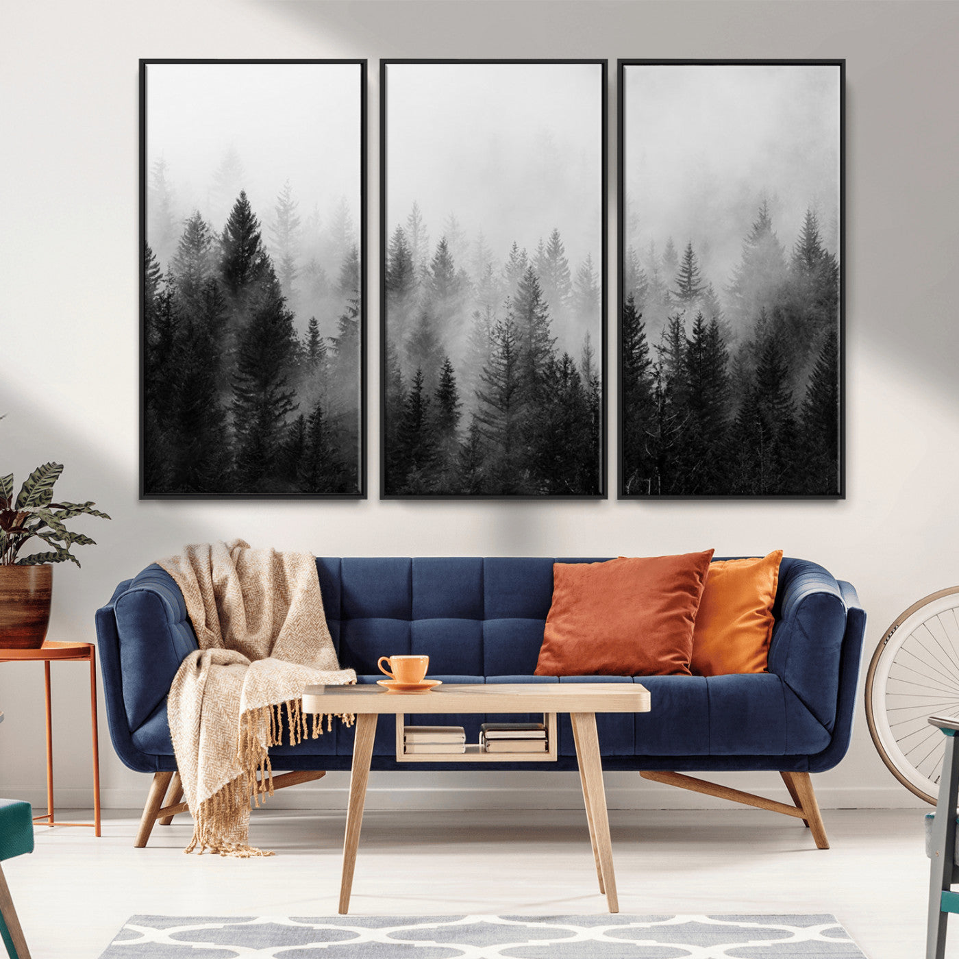 MGV-FC-48X32-3P - Foggy Black and White Forest Wall Art, 3 Panel Misty Pine Trees Canvas Print for Living Room, Office, or Bedroom, Nature-Inspired Woodland Wall Decor