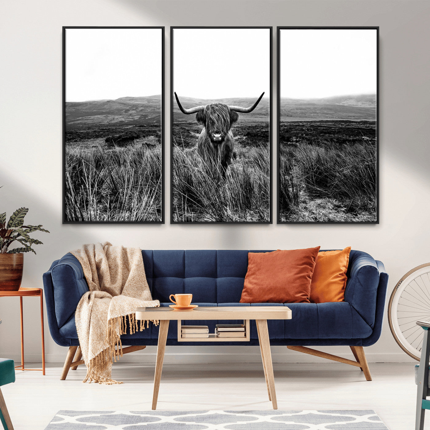 MGV-FC-48X32-3P - Black and White Highland Cow Canvas Wall Art, Longhorn Triptych Western Wall Decor for Cabin -