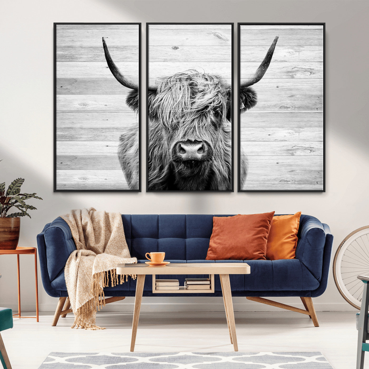 MGV-FC-48X32-3P - Scottish Highland Cow Cattle Art Print on Wood Background Style