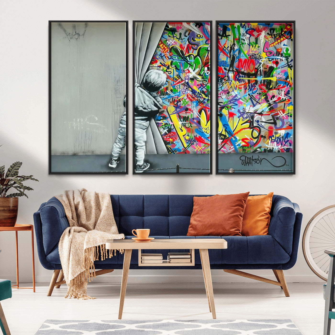 MGV-FC-48X32-3P - Banksy Colorful Street Graffiti Canvas Wall Art Print, Modern Art Triptych, Child and Graffiti Wall, Urban Art for Home or Office Decor