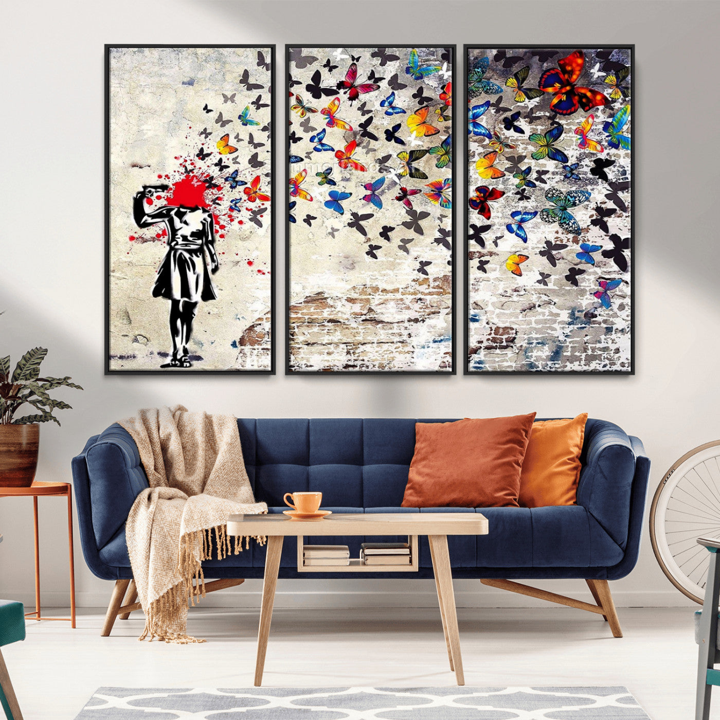 MGV-FC-48X32-3P - Banksy Art Butterfly Girl Explosion Canvas Art – Vibrant Urban Graffiti for Modern Interiors - Ready to Hang