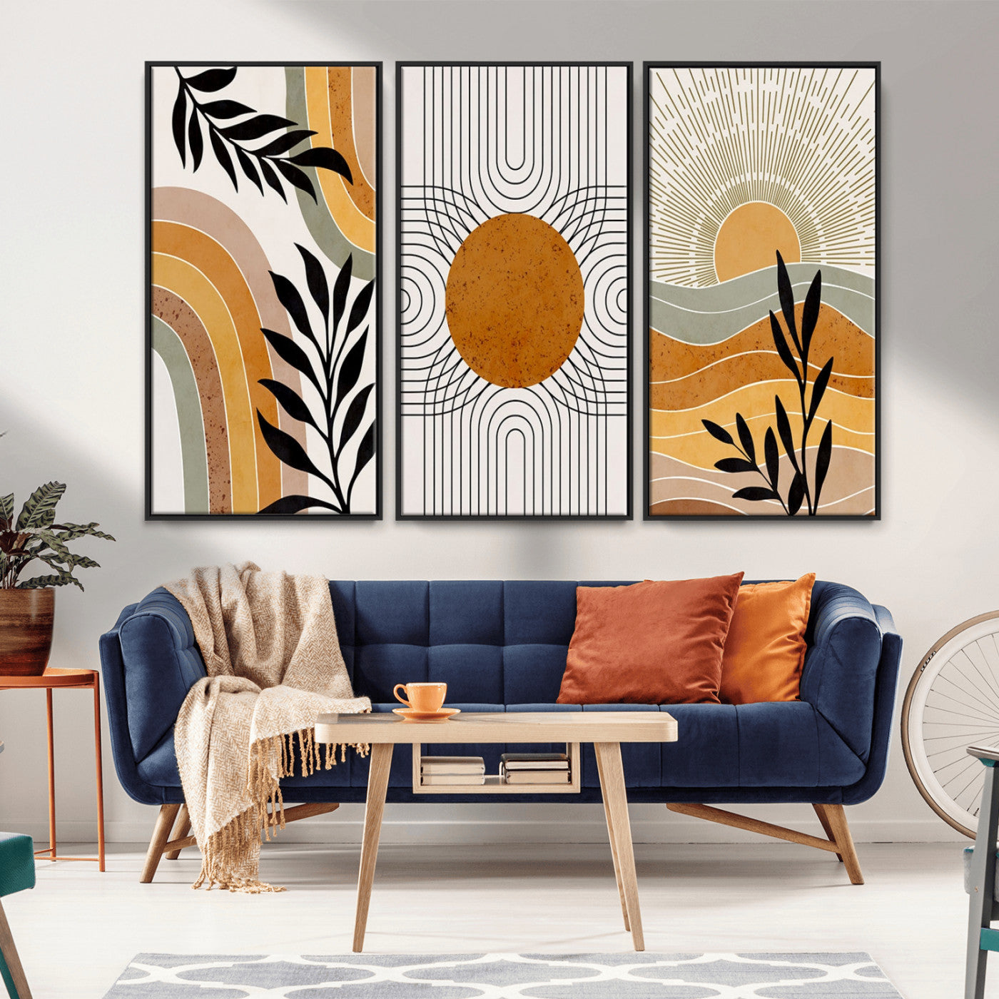 MGV-FC-48X32-3P - Modern Boho Sun and Leaf Abstract Art – 3-Panel Giclée Canvas for Mid-Century Modern or Bohemian
