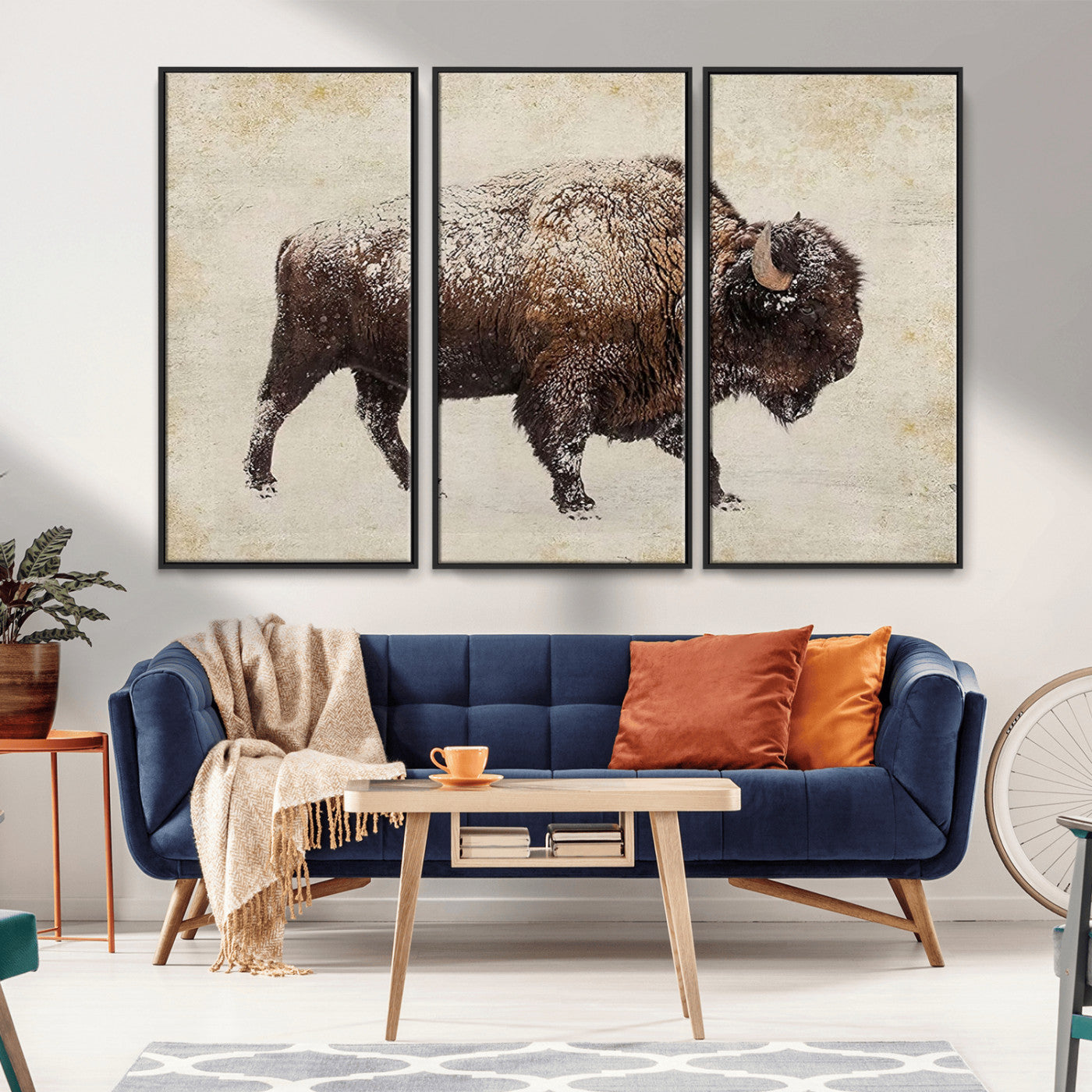 MGV-FC-48X32-3P - Buffalo Wall Art, Western Bison Canvas Print, Rustic Buffalo Art for Cowboy Western Decor, Large Multi-Panel Giclee Canvas for Farmhouse Wall Decor