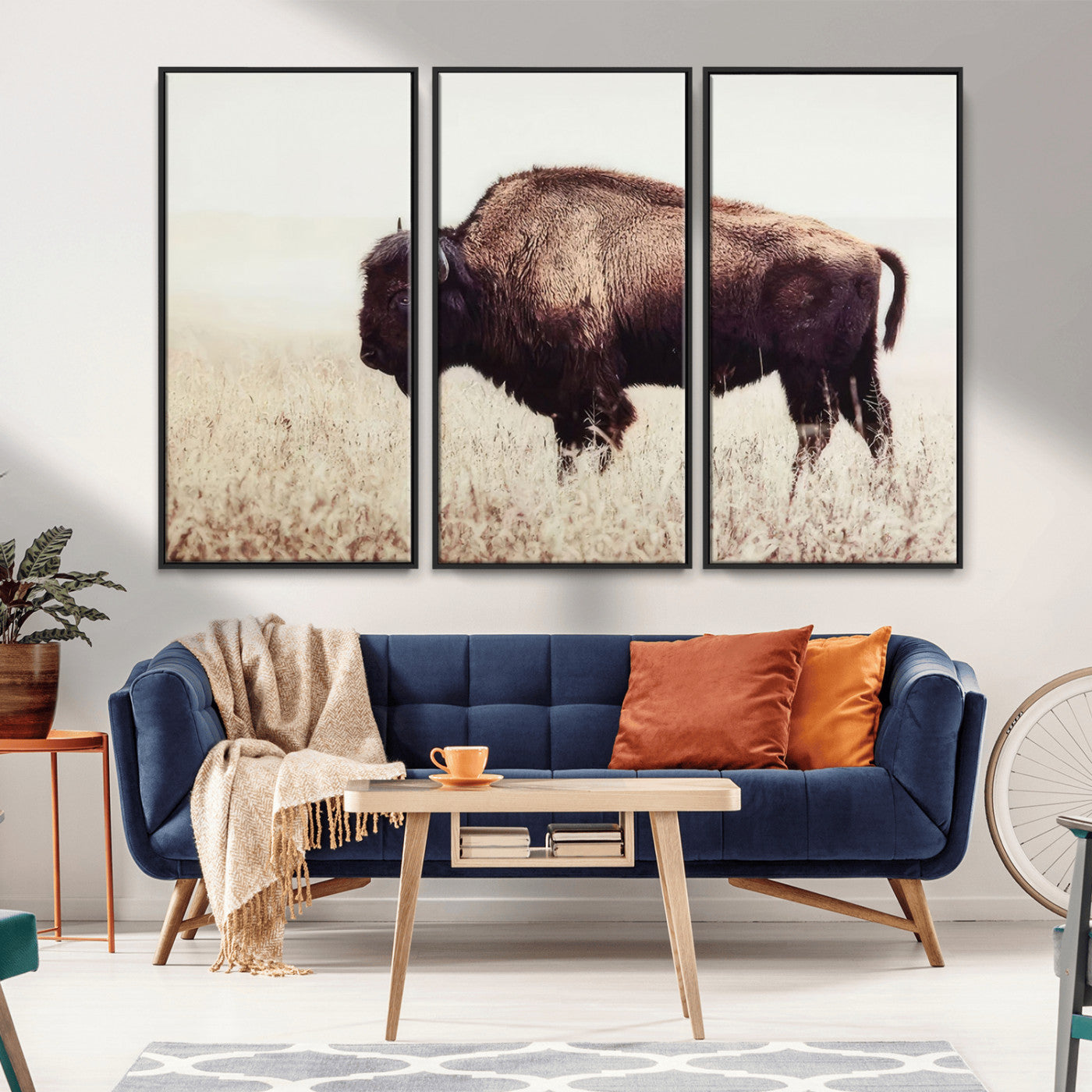 MGV-FC-48X32-3P - Bison in Field Wall Art Canvas Print For Farmhouse Barn Decor