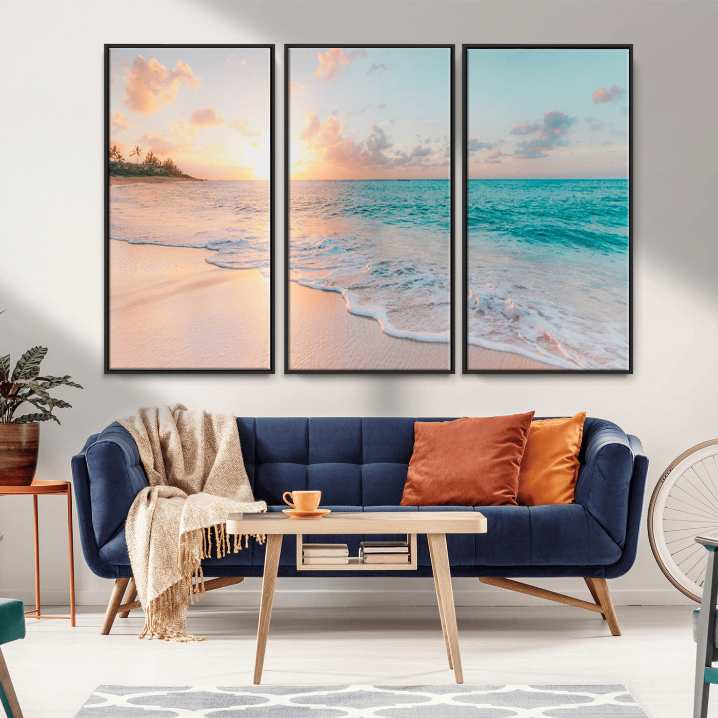 MGV-FC-48X32-3P - Beach Sunrise Wall Art, Coastal Seascape Canvas Print, Ocean Wave Multi-Panel Giclee, Coastal Sunset Beach Scene for Modern Decor