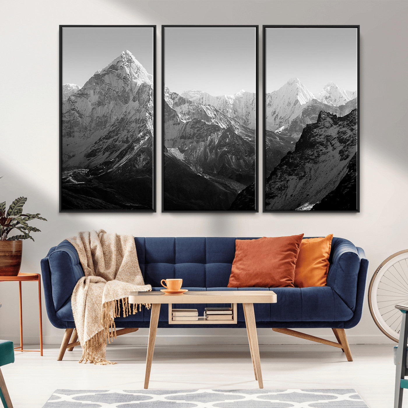 MGV-FC-48X32-3P - Everest Himalaya Mountain Peaks Black & White Triptych Canvas Art – Mountain Wall Decor for Minimalist Interiors